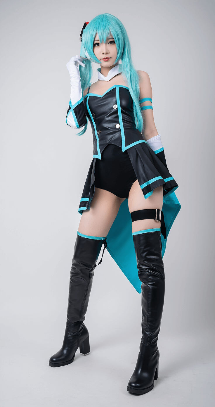 Full-body shot of a Miku cosplay costume in a professional photography studio against a pure white backdrop, emphasizing thigh-high boots and outfit proportions. Studio lighting showcases the quality of materials and clean lines, with a shallow depth of field highlighting fabric texture details.