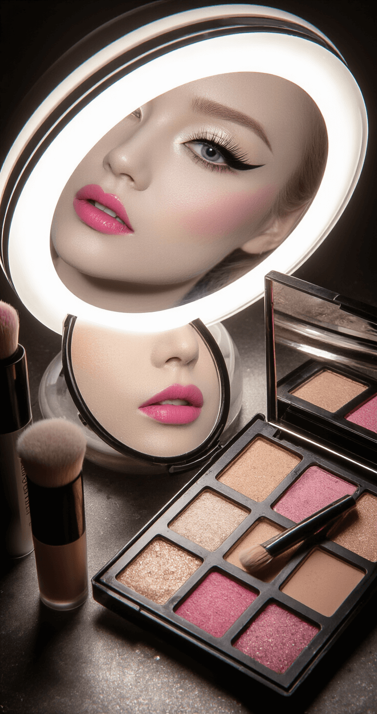Close-up of a vintage-style makeup station showcasing Miku-inspired makeup application, featuring pale foundation, dramatic eye makeup, and pink lips, illuminated by a soft ring light.