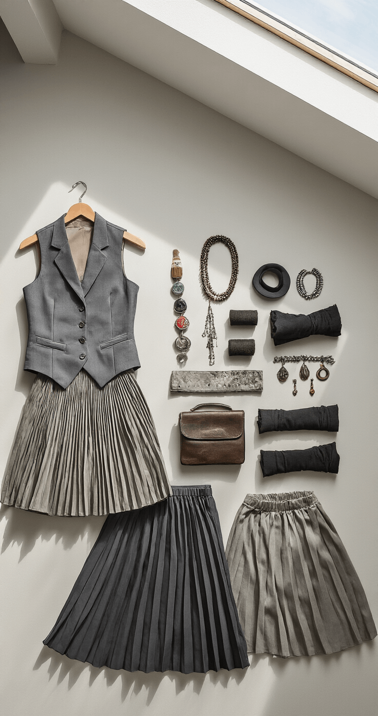 A contemporary dressing room featuring a wide-angle flat lay of costume pieces, including a gray vest, pleated skirt, arm warmers, and accessories, arranged artistically. Natural light from a skylight casts soft shadows, highlighting the geometric composition.