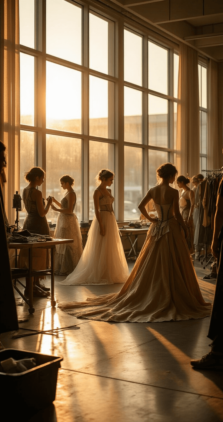 Behind-the-scenes view of a convention center preparation area at golden hour, showcasing final costume adjustments and accessory arrangements, with warm light streaming through large windows, highlighting authentic moments of personal styling.