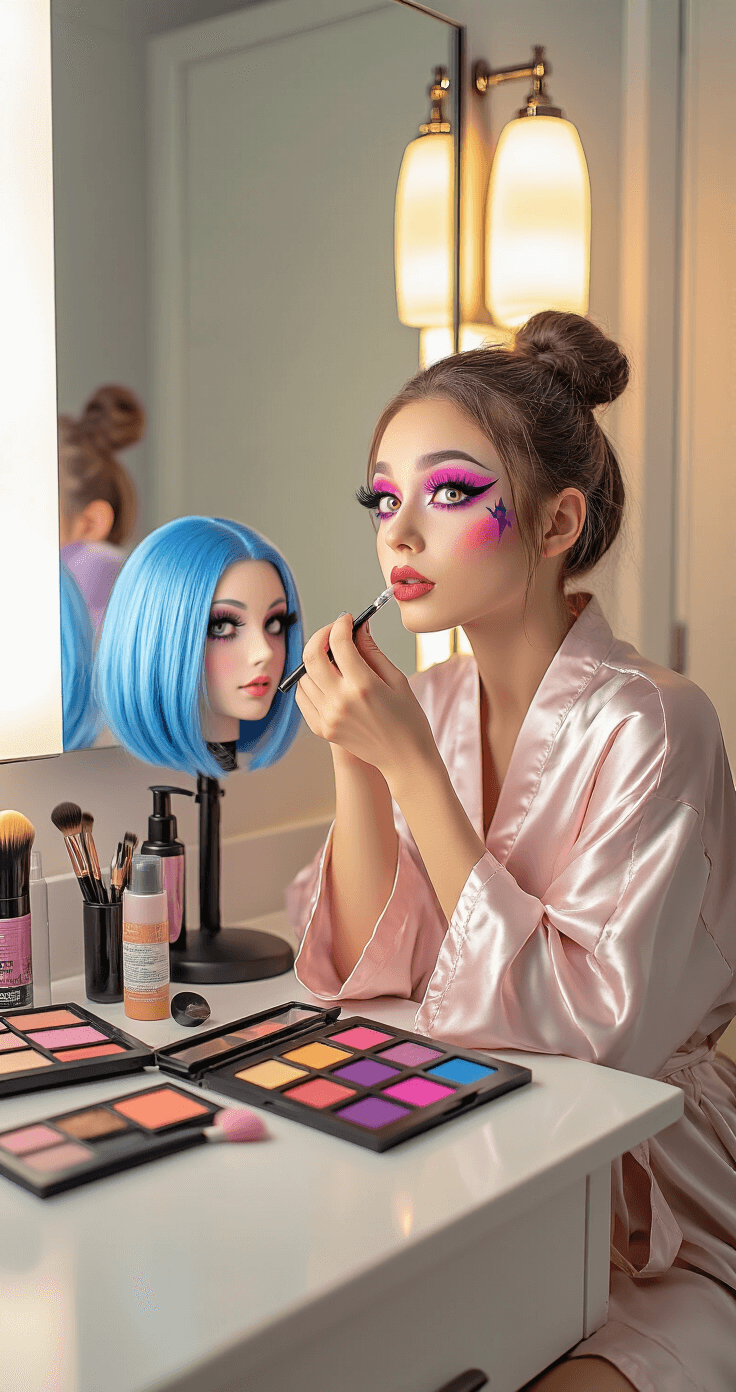 A young woman in a silk robe applies dramatic Halloween makeup at a clean vanity in a well-lit bathroom, featuring colorful contact lenses, bold eyeshadow, and a high-quality blue wig, with makeup tools arranged on a pristine marble countertop.