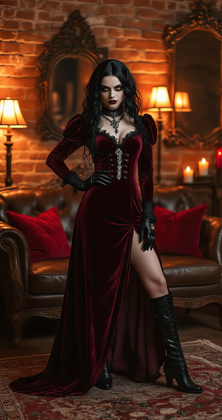 A young woman in a gothic vampire costume striking a confident pose in a cozy living room filled with warm evening lighting, antique furniture, and flickering candles, showcasing her burgundy velvet dress, dramatic makeup, and styled black curls.
