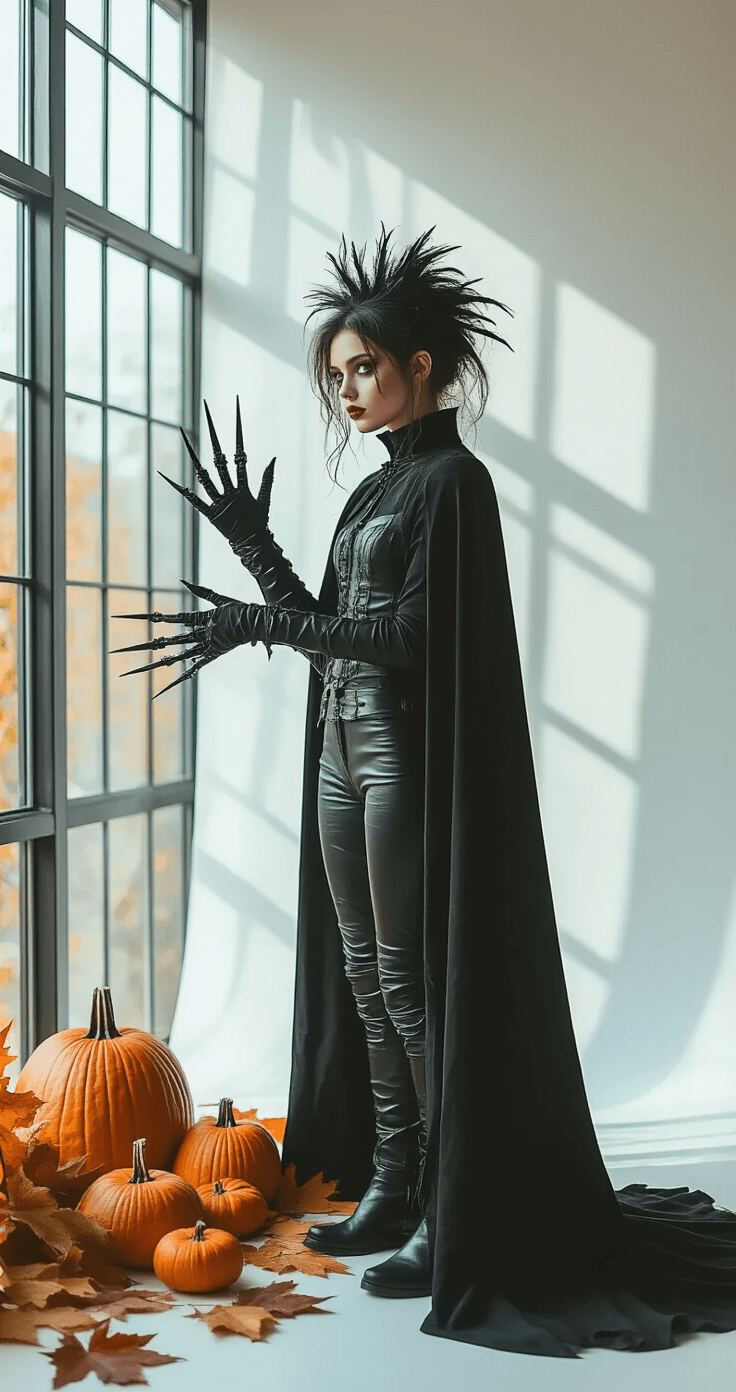 Young woman in a DIY Edward Scissorhands costume, with metallic scissor hands, arranging Halloween props in a spacious studio apartment featuring floor-to-ceiling windows and natural afternoon light.