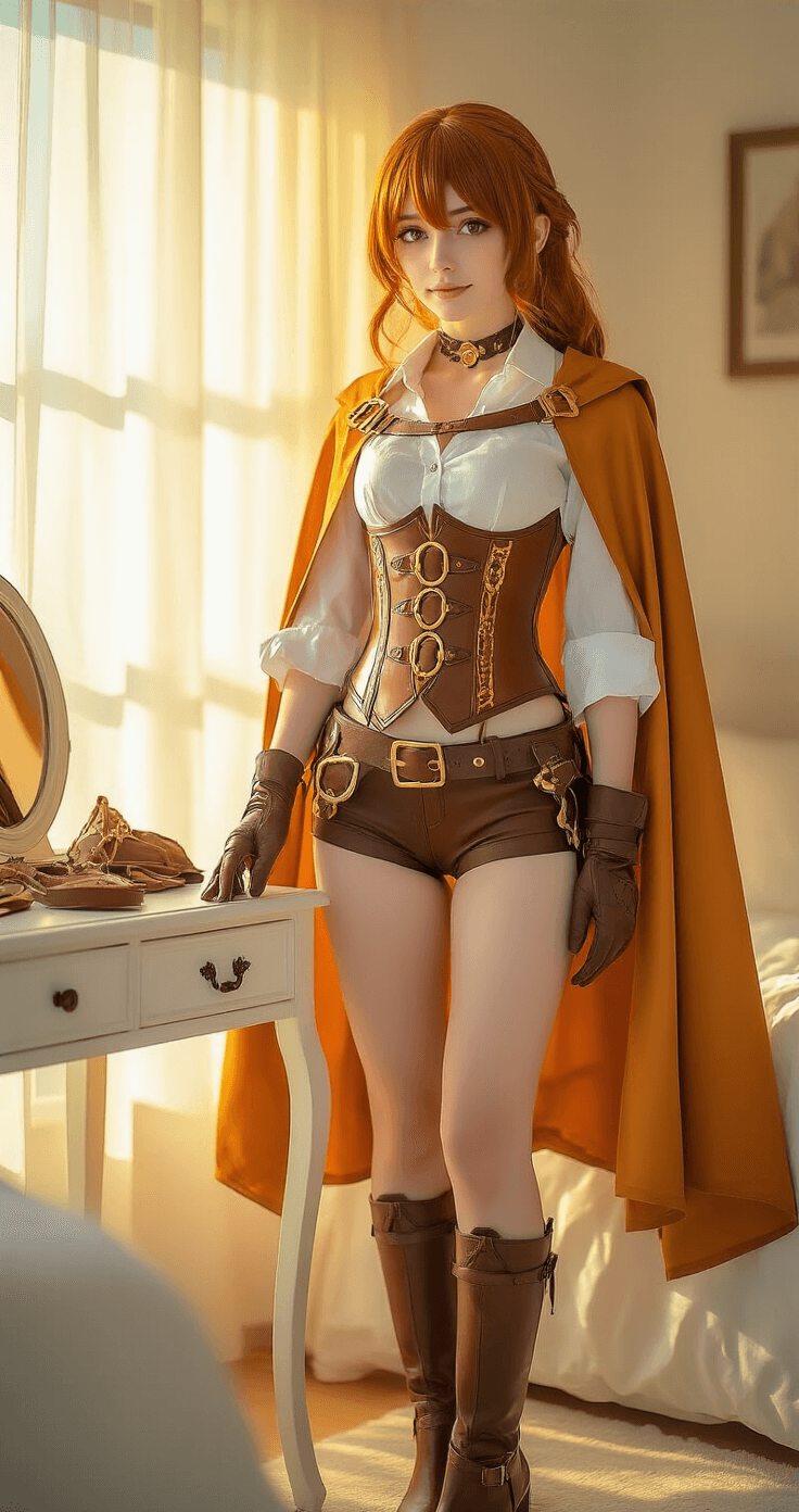 Young woman organizing her Genshin Impact Amber cosplay outfit on a vintage vanity in a sunlit bedroom, featuring a detailed brown corset, amber cape, white shirt, and dark shorts, with warm golden tones and dramatic shadows.