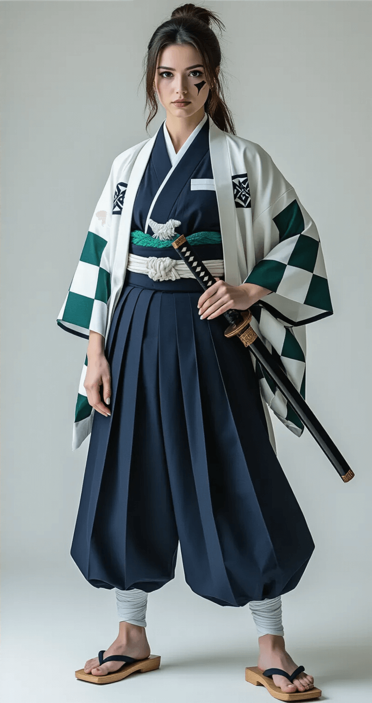 A confident woman in a minimalist white studio poses in a stylish Demon Slayer-inspired outfit, featuring navy hakama pants, a geometric patterned white haori jacket, and a checkered haori draped over her shoulders. She accessorizes with wooden geta sandals, a replica katana, and scar makeup, highlighted by dramatic studio lighting that accentuates the rich textures of her attire. The low-angle shot captures the blend of traditional Japanese aesthetics and contemporary cosplay fashion.