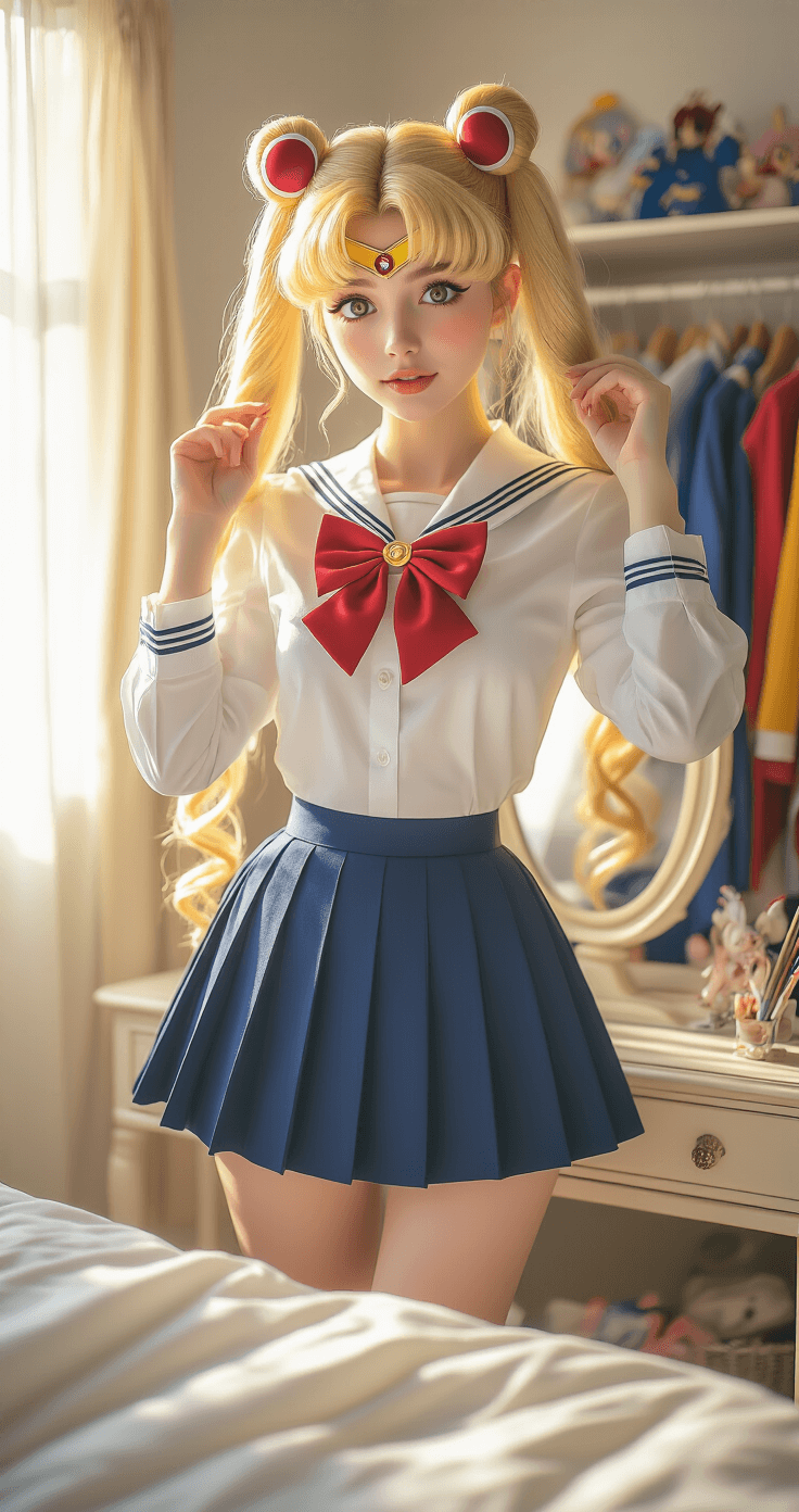A young woman in a cosplay outfit inspired by Sailor Moon adjusts her blonde twin-tail wig in a sunlit bedroom, surrounded by colorful anime clothing and makeup, capturing a joyful transformation moment in warm, natural light.
