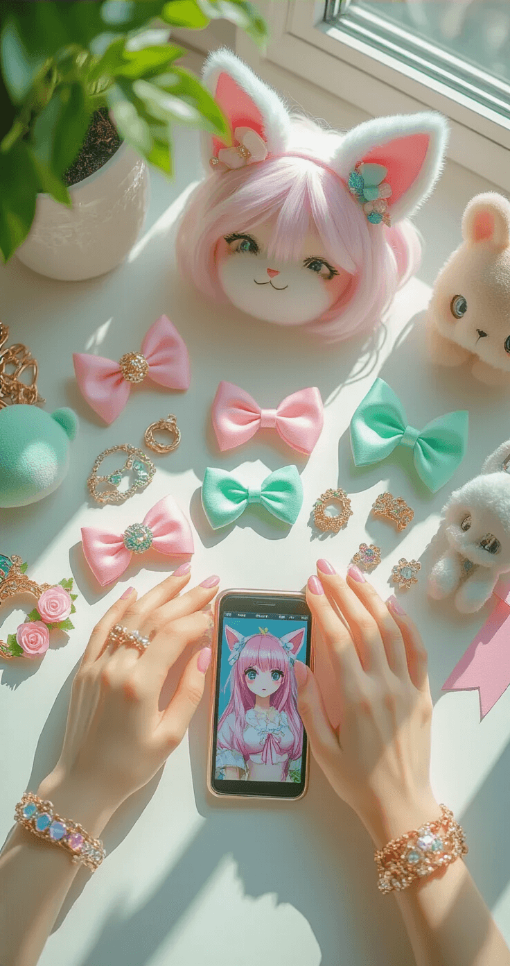 Close-up image of a white desk with colorful cosplay accessories including pastel hair clips, animal ears, character-themed jewelry, and temporary tattoos, all arranged neatly in bright sunlight, with a smartphone displaying character references beside them, captured from above at a 45-degree angle.