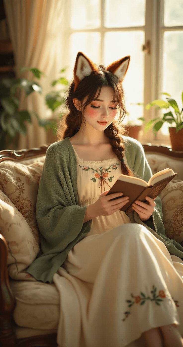 A young woman in a cozy living room reads a book on a vintage sofa, dressed in a cream-colored dress and sage green cardigan, with fox ears and natural makeup, surrounded by plants and warm afternoon light.