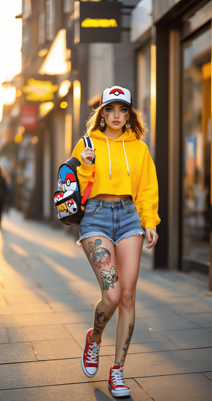 A young woman confidently walks down a trendy urban sidewalk during golden hour, wearing a Pokemon trainer-inspired outfit with a bright yellow cropped hoodie, high-waisted denim shorts, and red and white sneakers, while showcasing colorful temporary tattoos and playful electric blue eyeliner. She carries a themed backpack adorned with Pokemon pins and wears a Pokemon-themed baseball cap, with modern storefronts illuminated in the warm light behind her. The image captures her mid-stride, emphasizing the vibrant energy and character-inspired styling of her cute cosplay fashion.