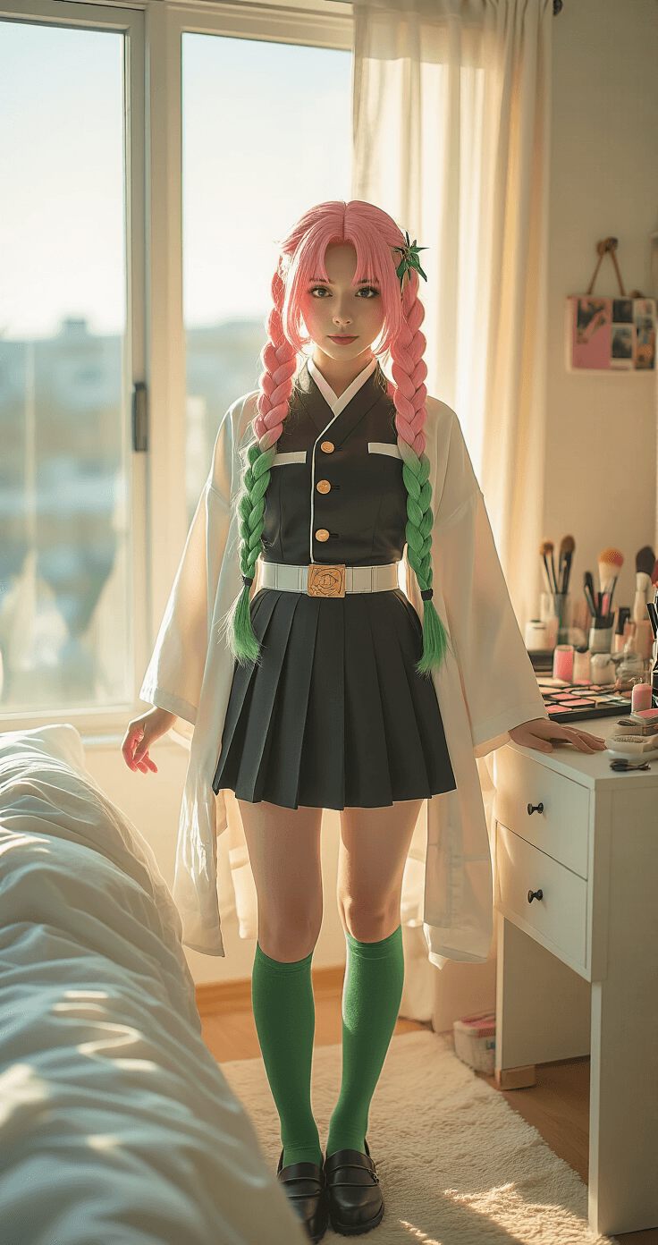 A confident young woman with a pink and green ombre wig styled in thick braids poses in a modern, sun-drenched bedroom, wearing a flowing white haori over a detailed demon slayer uniform. The scene features golden hour light illuminating her costume’s textures, a neatly organized vanity with cosplay accessories, and her joyful expression reflecting the Love Hashira's strength and femininity.