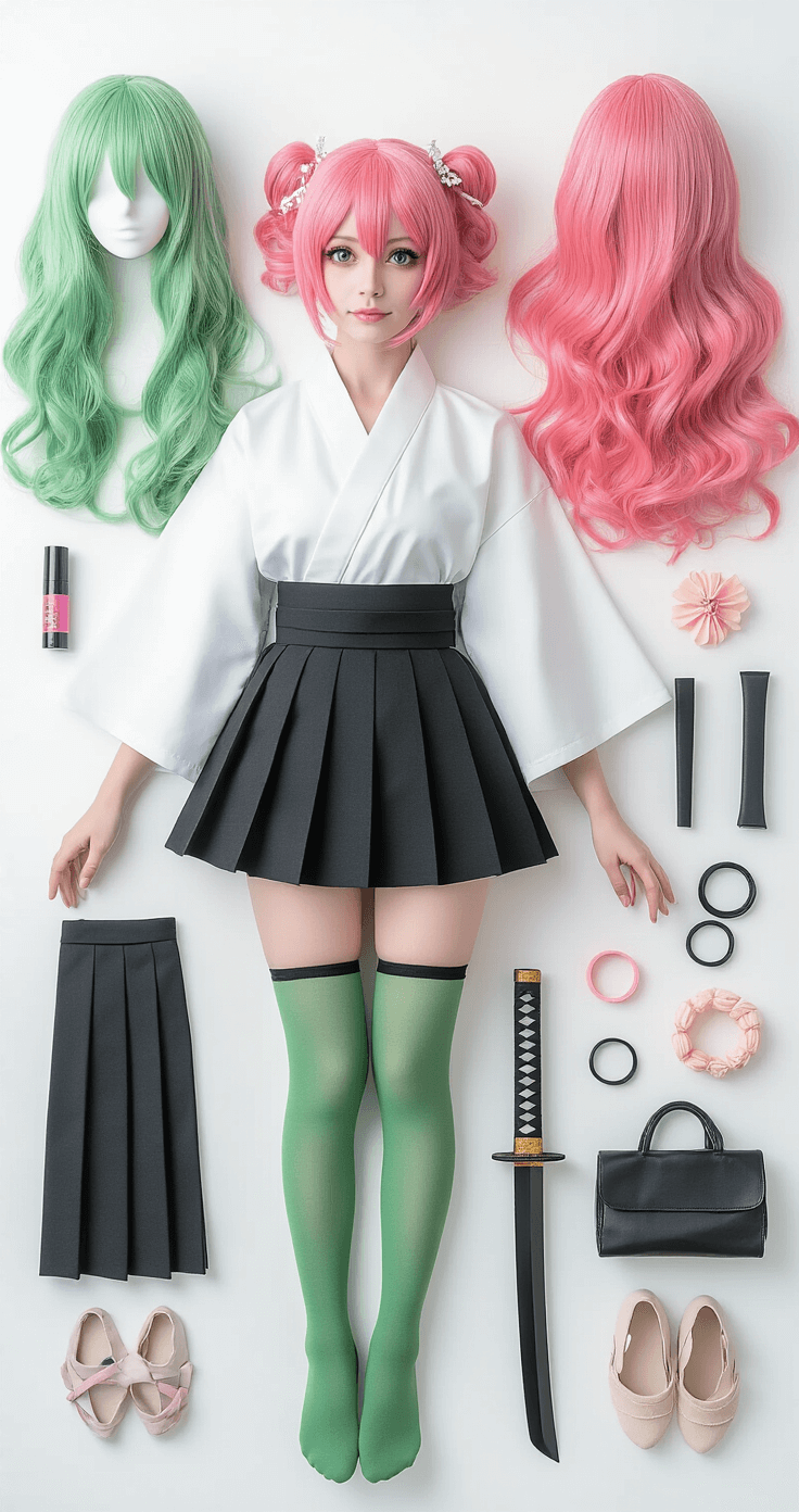 A flat-lay shot of a Mitsuri cosplay ensemble on a white surface, featuring a pink-to-green ombre wig, white haori, black pleated skirt, and green stockings, with a foam katana and styling tools, all illuminated by soft natural lighting.