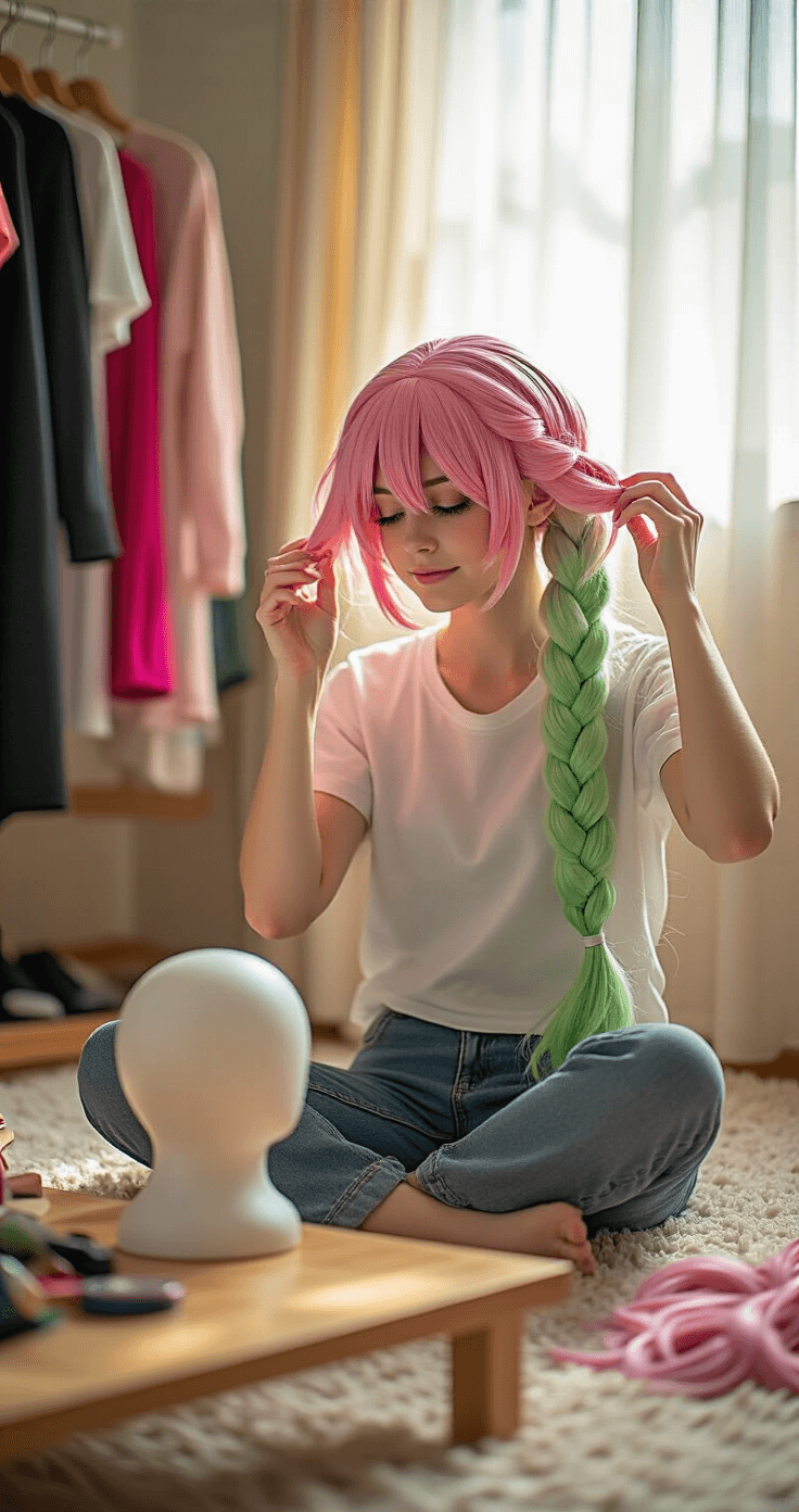 A young woman sits cross-legged in a cozy crafting room, styling a pink and green ombre cosplay wig on a styrofoam head, surrounded by organized crafting materials and costume pieces, with warm afternoon sunlight filtering through sheer curtains.