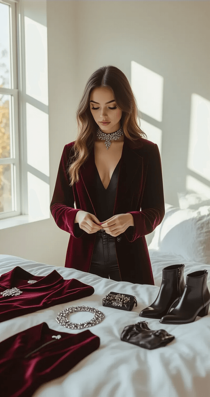A young woman arranges a coordinated Halloween costume ensemble in a modern minimalist bedroom filled with soft morning light, highlighting textures of velvet, leather, and metallic jewelry on a white duvet.