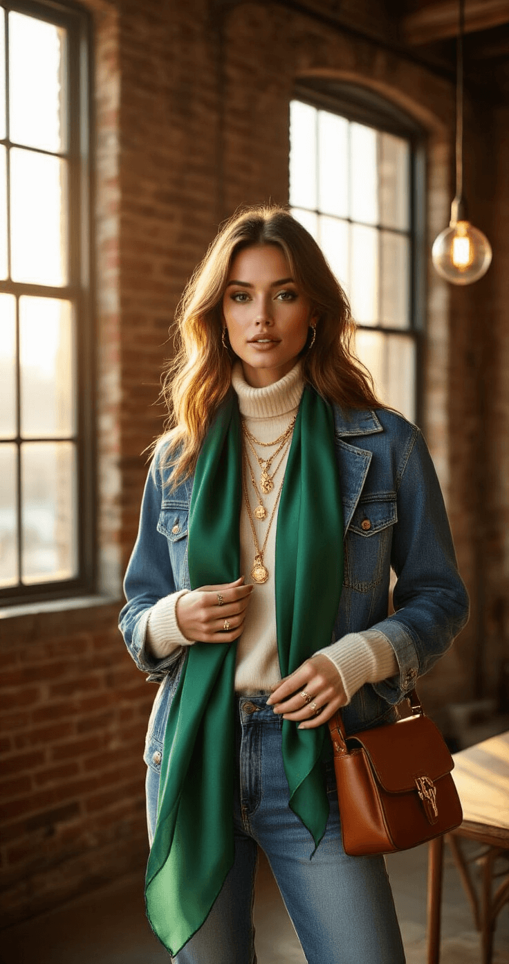 A fashion-forward woman in a chic urban loft adjusts gold necklaces while showcasing a layered outfit with a cream cashmere base layer, denim jacket, emerald silk scarf, and cognac leather accessories, all illuminated by warm sunlight filtering through tall windows.