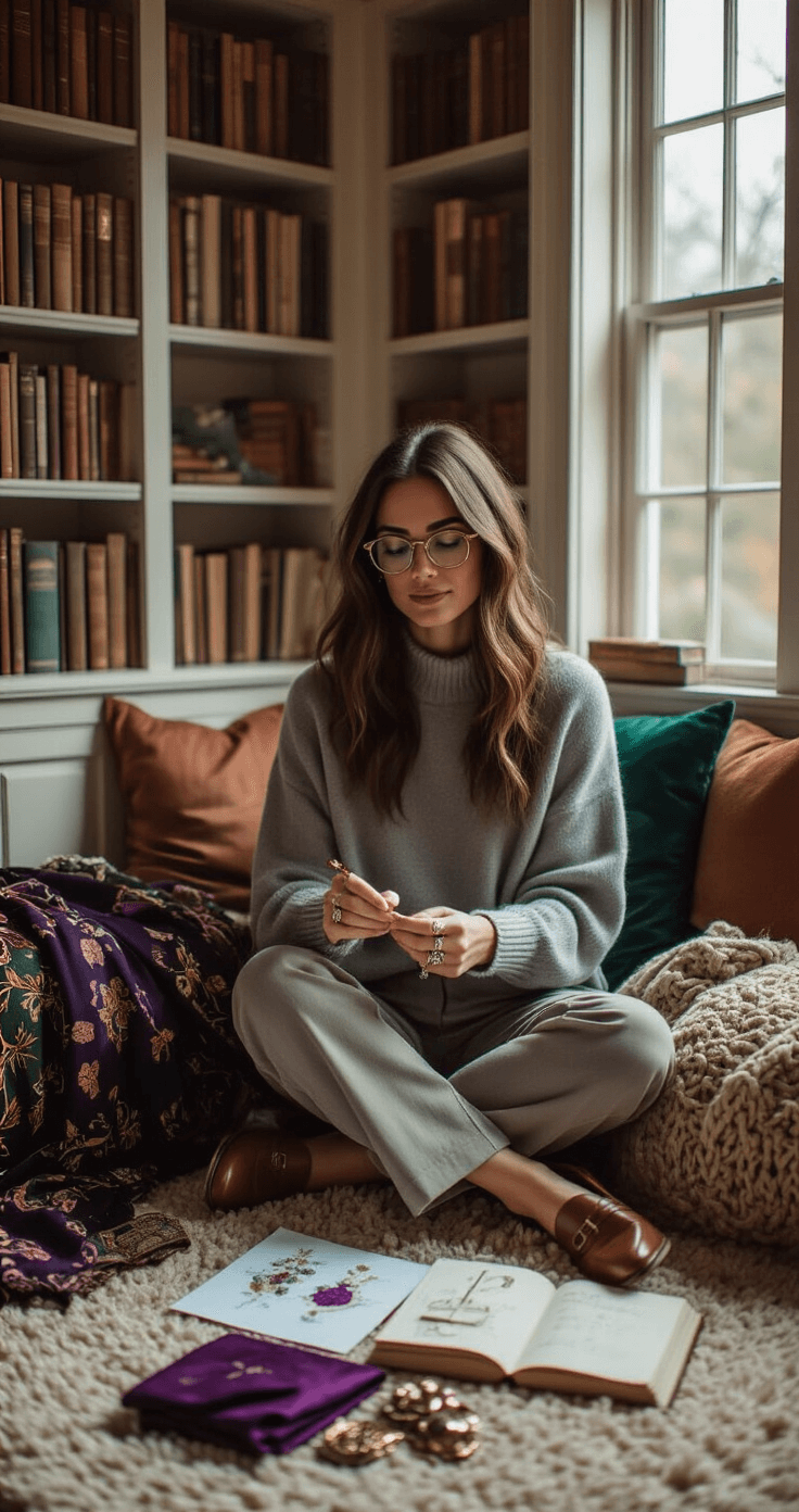 A creative woman in a cozy reading nook with built-in bookshelves plans group costumes, surrounded by fabric swatches in jewel tones, sketches, and inspiration photos, wearing a gray cashmere sweater, high-waisted trousers, and leather loafers, with reading glasses and stacking rings, under soft afternoon light.