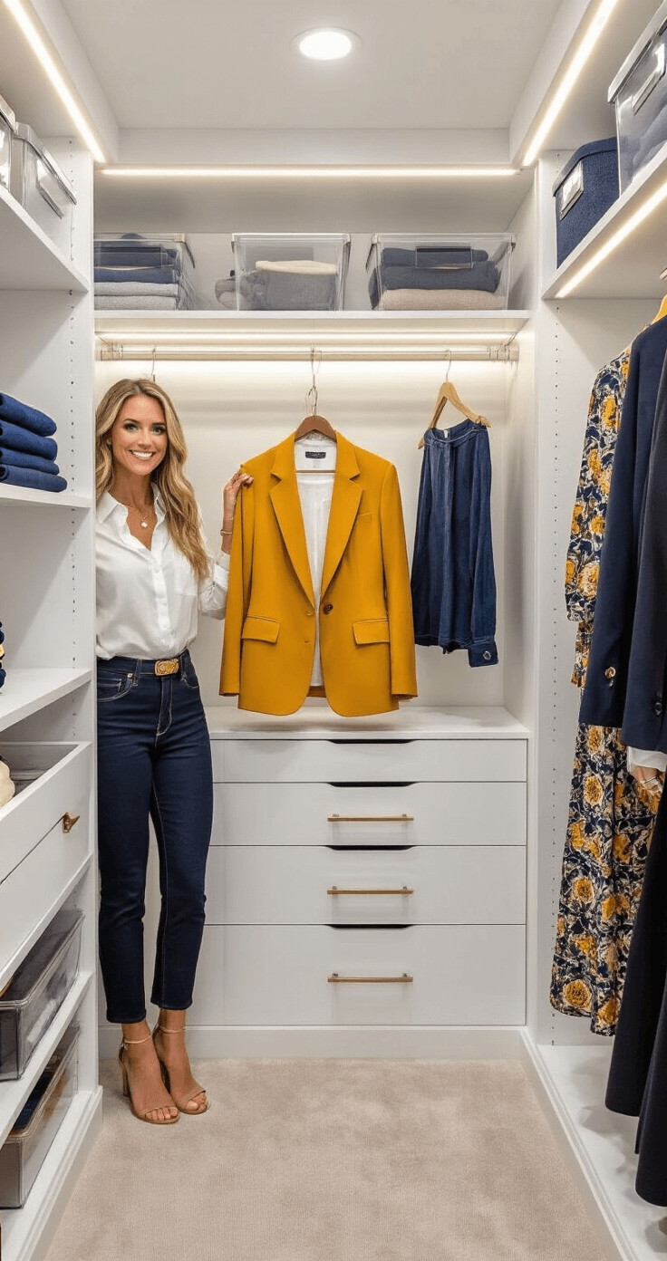 A stylish woman in a walk-in closet with custom white shelving and LED strip lighting demonstrates color coordination techniques, holding a mustard yellow blazer against tailored navy trousers, dark wash denim, and a patterned midi skirt, surrounded by organized clothing and various textures.