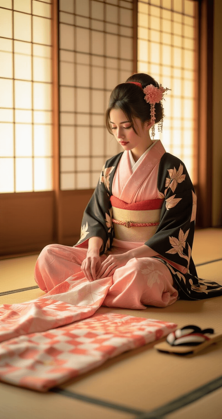 A young woman sits cross-legged on a tatami mat in a softly lit bedroom, arranging pink kimono pieces with hemp leaf patterns, alongside a checkered obi and black haori jacket, with warm golden hour light filtering through shoji screens.