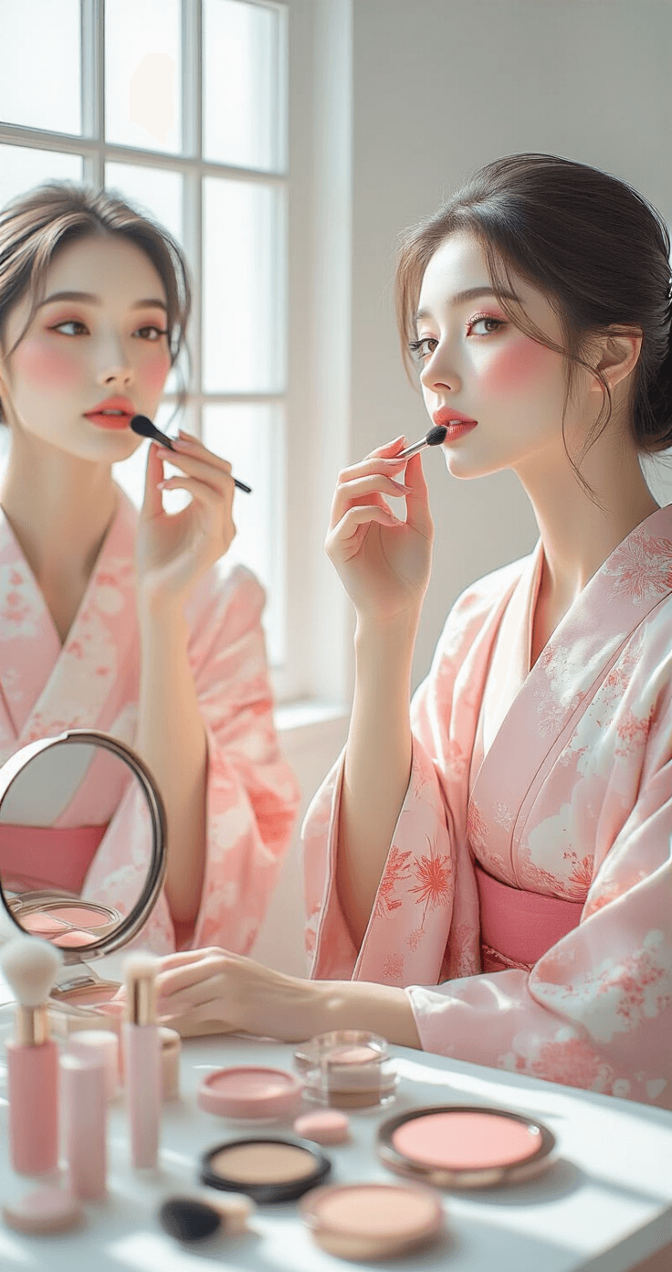 A woman in a partial pink kimono applies delicate makeup in a minimalist studio with large windows, her reflection visible in a vintage mirror surrounded by pink cosmetics on a clean white vanity. Soft daylight accentuates her porcelain skin and rosy blush.
