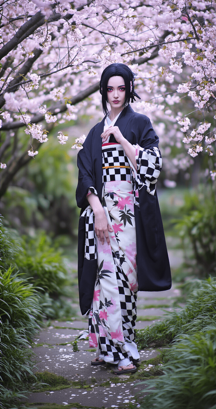 A woman in a lush garden poses in a kimono with a bamboo muzzle, adopting a protective crouch pose inspired by Nezuko. The scene is illuminated by twilight filtering through cherry blossoms, showcasing intricate fabric textures and an elegant black haori.