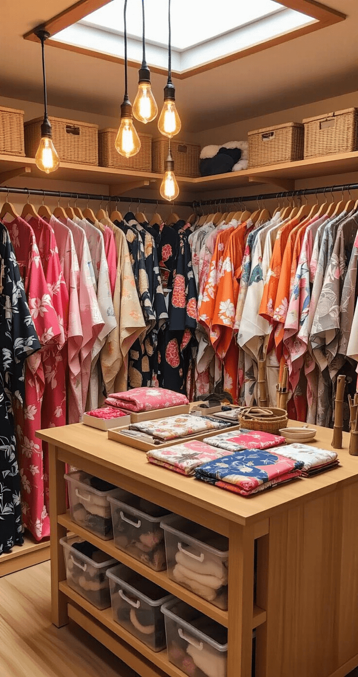 A well-organized walk-in closet featuring various Nezuko cosplay variations and styling accessories, illuminated by warm Edison bulbs and natural light from a skylight, showcasing different kimono fabrics, obi styles, and wig options, all arranged neatly with a focus on rich pink, orange, and black color schemes.