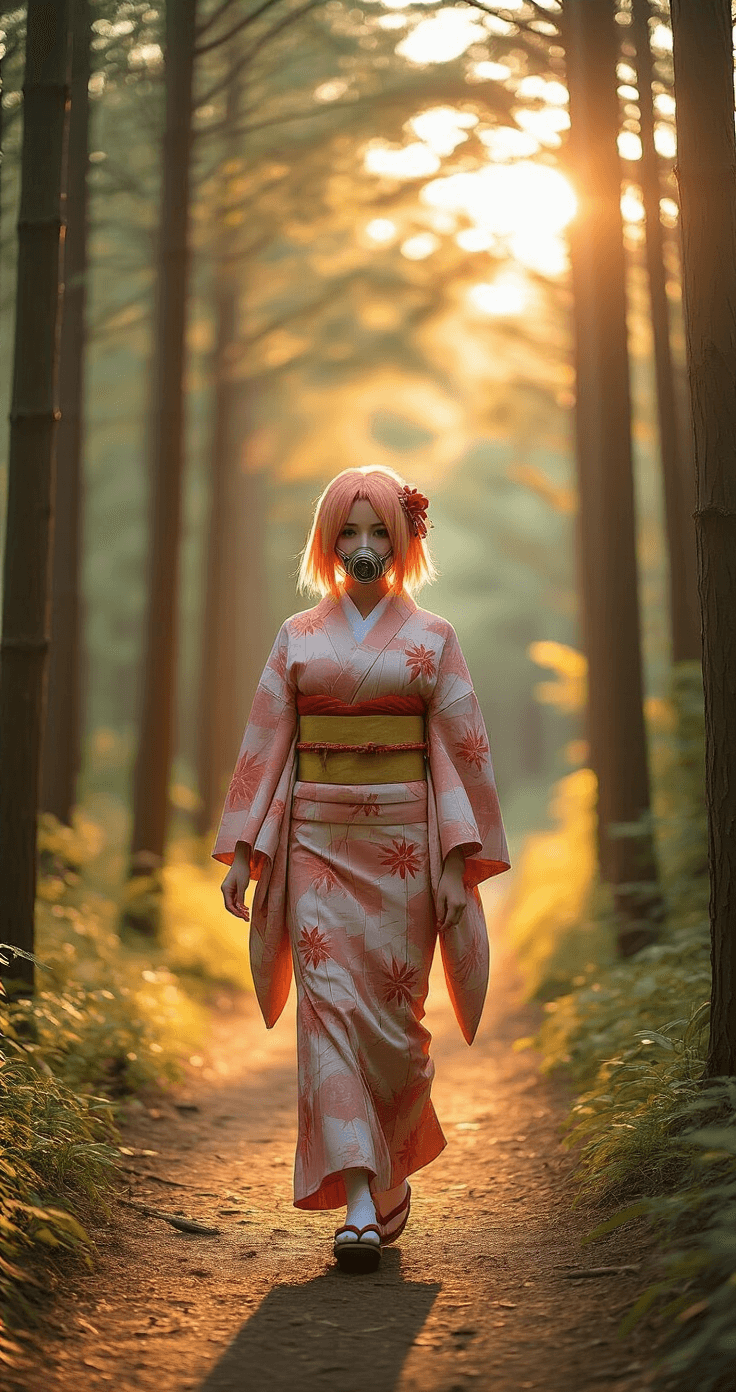 A woman in Nezuko cosplay walks along a forest path at golden hour, her kimono sleeves fluttering in motion. Sunlight filters through pine trees, casting shadows and highlighting the fabric's flow and details. Her peachy-pink wig and bamboo muzzle add authenticity, surrounded by a rich palette of greens, golds, and corals.