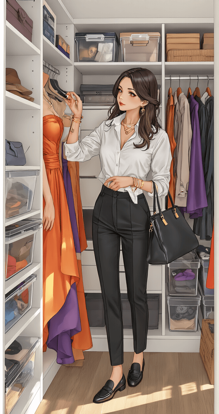 A fashion-forward woman in a chic monochrome outfit organizes her vibrant cosplay collection in a trendy urban apartment's well-lit walk-in closet, surrounded by meticulously arranged costumes, wigs, and accessories.
