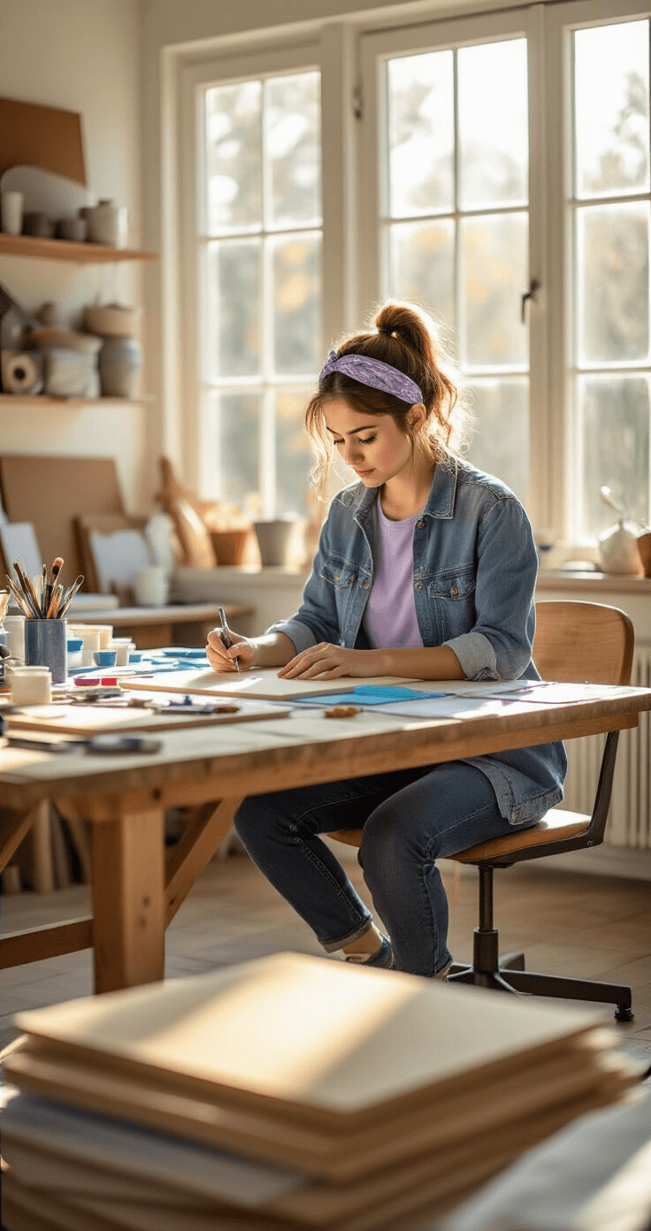 A sunlit craft room with a young woman in a fitted denim jacket and lavender t-shirt working on EVA foam props at a large wooden table, surrounded by tools, paints, and armor pieces, illuminated by natural light from large windows.
