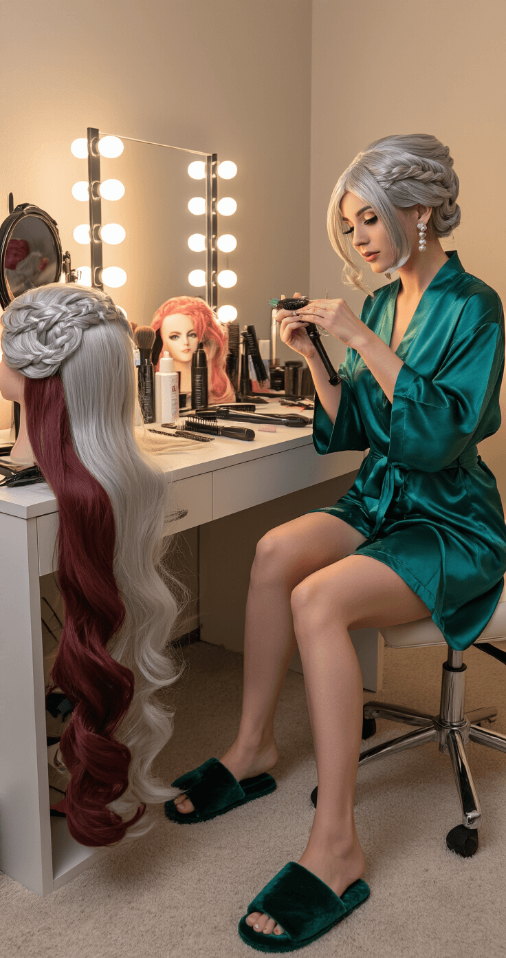 A sophisticated vanity area bathed in soft evening light, featuring an elegant woman in a luxurious emerald green silk robe styling her cosplay wig, surrounded by various character wigs, professional hair tools, and a ring light, with plush velvet slippers and delicate pearl earrings.