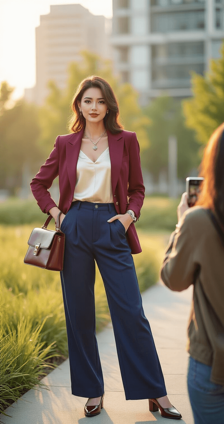 A confident woman in a modern urban park poses in a casual cosplay outfit inspired by a beloved character, featuring a burgundy blazer, cream silk camisole, navy wide-leg trousers, and polished oxford shoes. She accesses character-specific jewelry and a vintage leather satchel while her friend captures her moment during golden hour, surrounded by clean architectural lines and lush greenery.