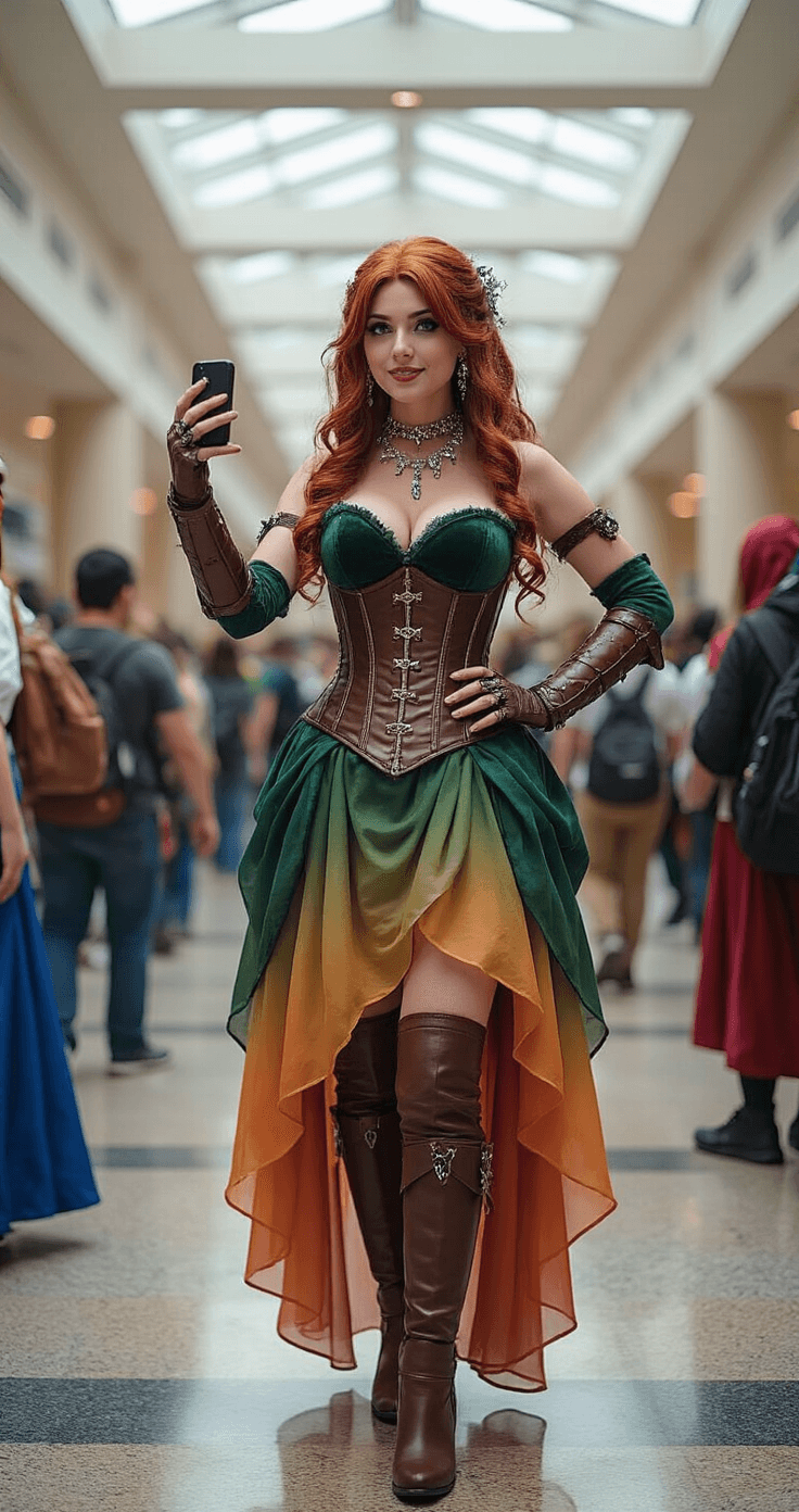 A vibrant convention center corridor filled with natural light, featuring a woman in a detailed forest green velvet cosplay costume, adorned with flowing sunset ombre skirts and intricate leather bracers, surrounded by admirers and colorful fellow cosplayers, capturing the joy of fandom culture.