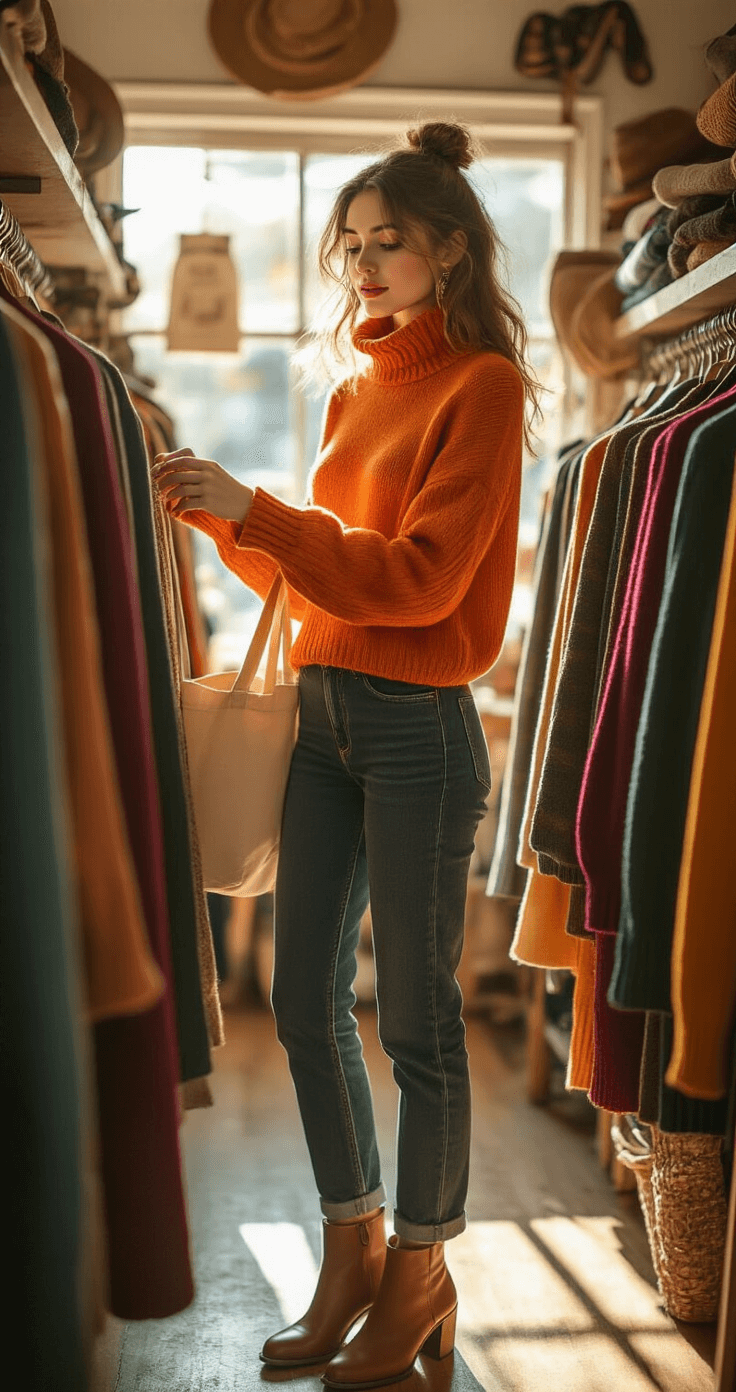 A stylish young woman examines a bright orange turtleneck sweater in a sunlit vintage thrift store, surrounded by richly textured garments in jewel tones, while wearing dark denim jeans and brown ankle boots, embodying sustainable fashion and the joy of thrift shopping.