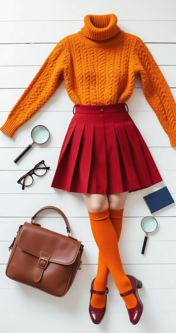 A flat lay of a Velma-inspired outfit on a white wooden surface, featuring an orange sweater, red pleated mini skirt, orange knee-high socks, burgundy Mary Jane shoes, black glasses, a vintage leather satchel, a silver magnifying glass, and a navy blue notebook.