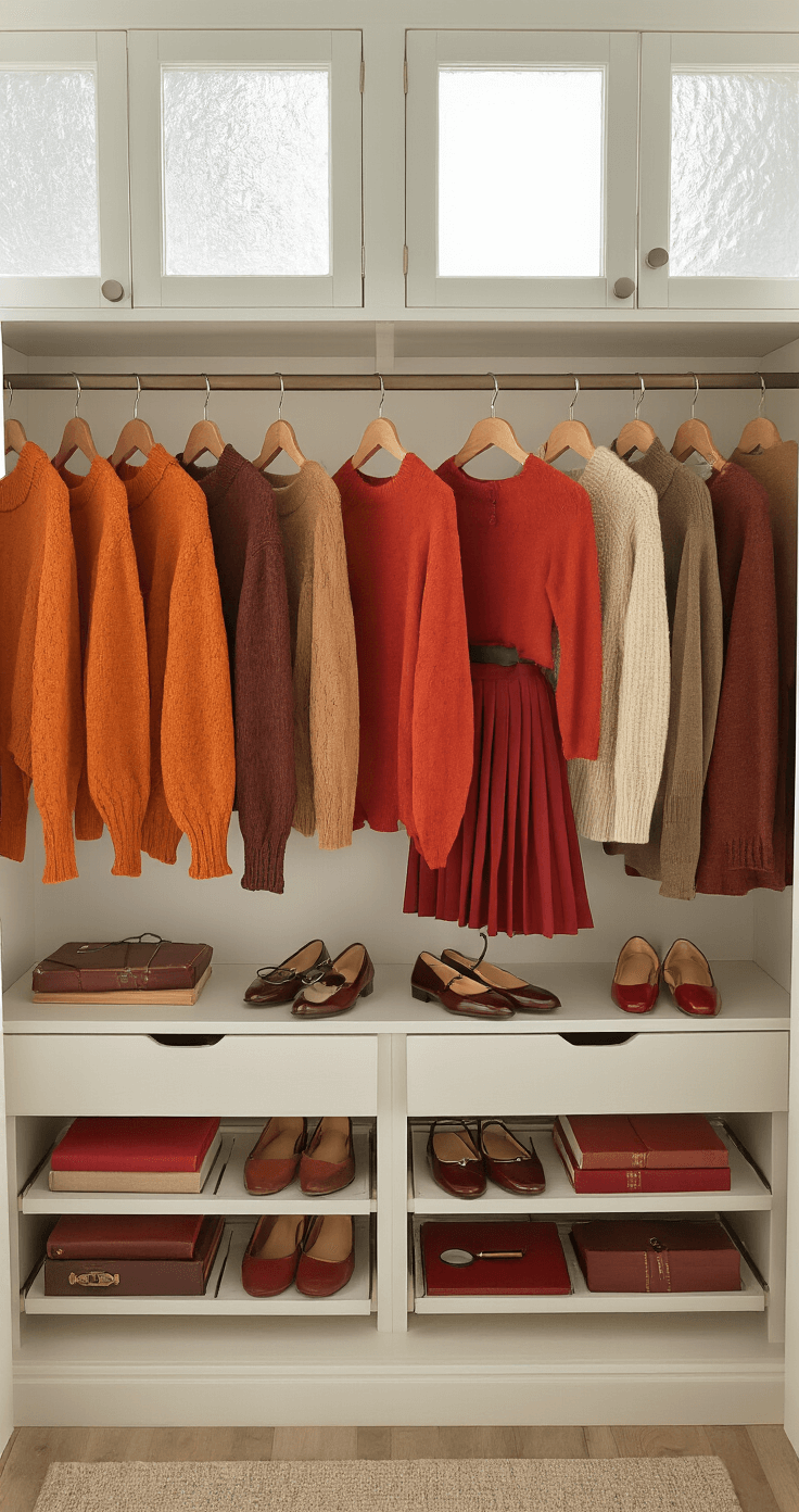 A bright walk-in closet with frosted glass windows showcasing vintage-inspired detective and academic fashion: orange sweaters on wooden hangers, red skirts in various textures, a shoe rack with burgundy Mary Janes and brown loafers, and neatly arranged accessories including thick-rimmed glasses and vintage magnifying glasses, all set against a neutral-toned backdrop.