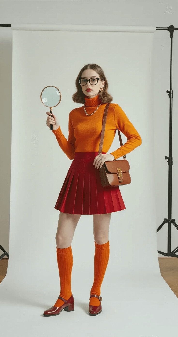 A fashion-forward young woman models a vintage detective-inspired outfit, featuring a bright orange turtleneck, red pleated skirt, and burgundy Mary Jane shoes, in a minimalist photography studio with a white backdrop and soft lighting, while confidently holding a brass magnifying glass.