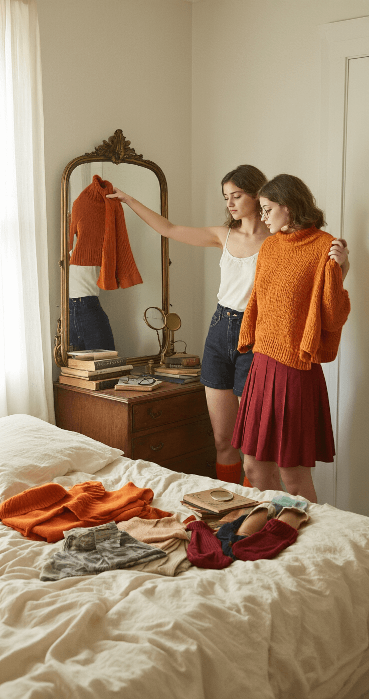 A young woman in a cozy bedroom holds up a bright orange cashmere sweater, surrounded by vintage-inspired detective outfits on an unmade bed, with soft morning light filtering through sheer curtains.