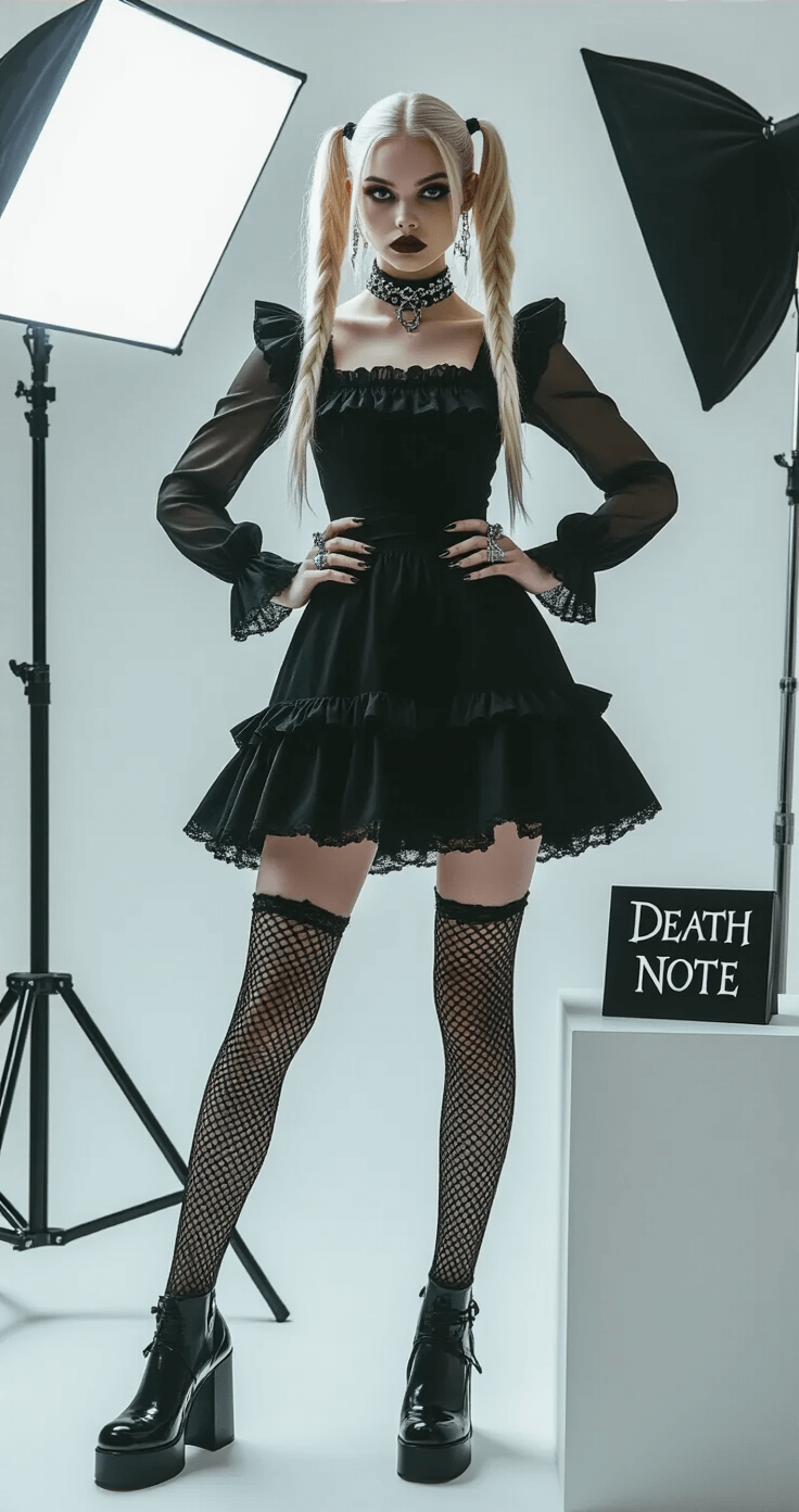 A confident model in a gothic black fit-and-flare dress with ruffled details poses in a minimalist white studio. She has bright blonde pigtails and wears platform Mary Jane shoes and fishnet stockings. The scene features softbox lighting, enhancing the textures of her outfit and showcasing her silver rings and statement choker. A Death Note replica rests on a white pedestal nearby, with the camera capturing her dramatic stance from a low angle.