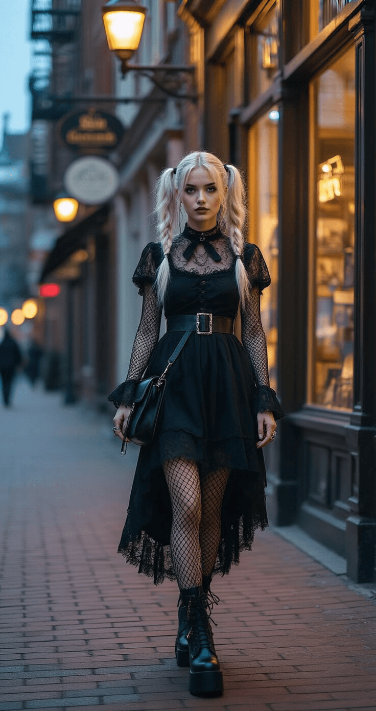 A confident young woman in a black lace dress and platform boots walks along a brick-lined sidewalk at a trendy urban street corner during the blue hour, holding a leather crossbody bag and a Death Note prop, with her platinum blonde pigtails illuminated by soft streetlamp lighting and warm vintage storefronts in the background.