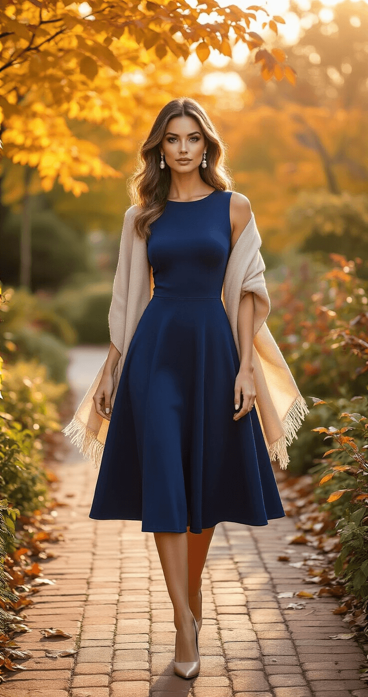 A well-dressed woman in a deep sapphire blue fit-and-flare midi dress walks confidently on a brick pathway surrounded by vibrant fall foliage, accessorized with a lightweight cashmere shawl, pearl drop earrings, and nude leather block-heeled pumps, captured during golden hour.