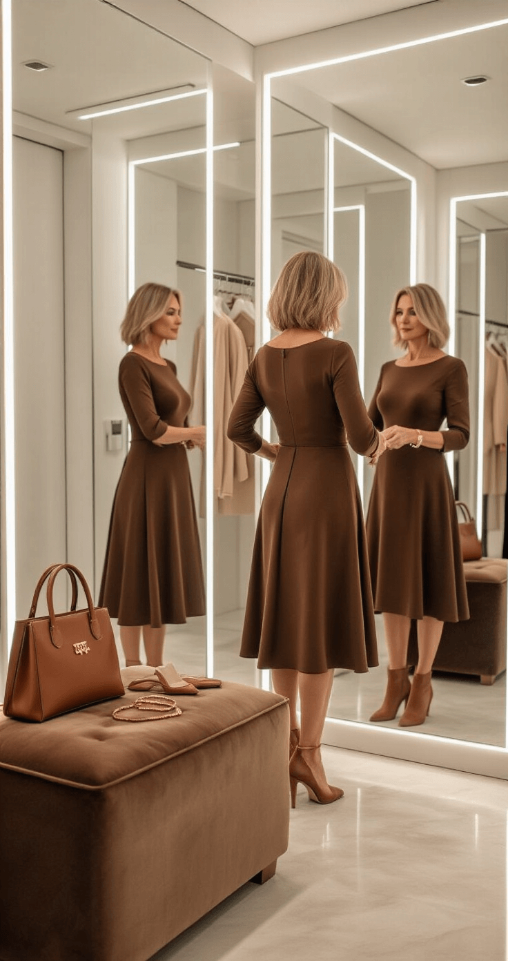 A woman over 50 trying on a chocolate brown A-line dress in a chic urban boutique dressing room with floor-to-ceiling mirrors and soft LED lighting, showcasing her reflection while examining the dress's fit and design. Coordinating accessories, including a cognac leather handbag, delicate gold jewelry, and suede ankle boots, are arranged on a plush velvet bench nearby.