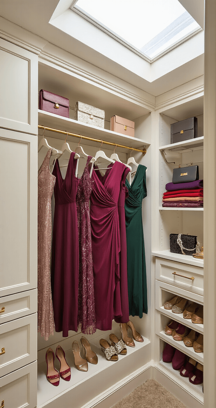 A luxurious walk-in closet illuminated by natural light, showcasing an array of organized fall wedding guest dresses in rich jewel tones, alongside coordinating accessories arranged on built-in shelves.
