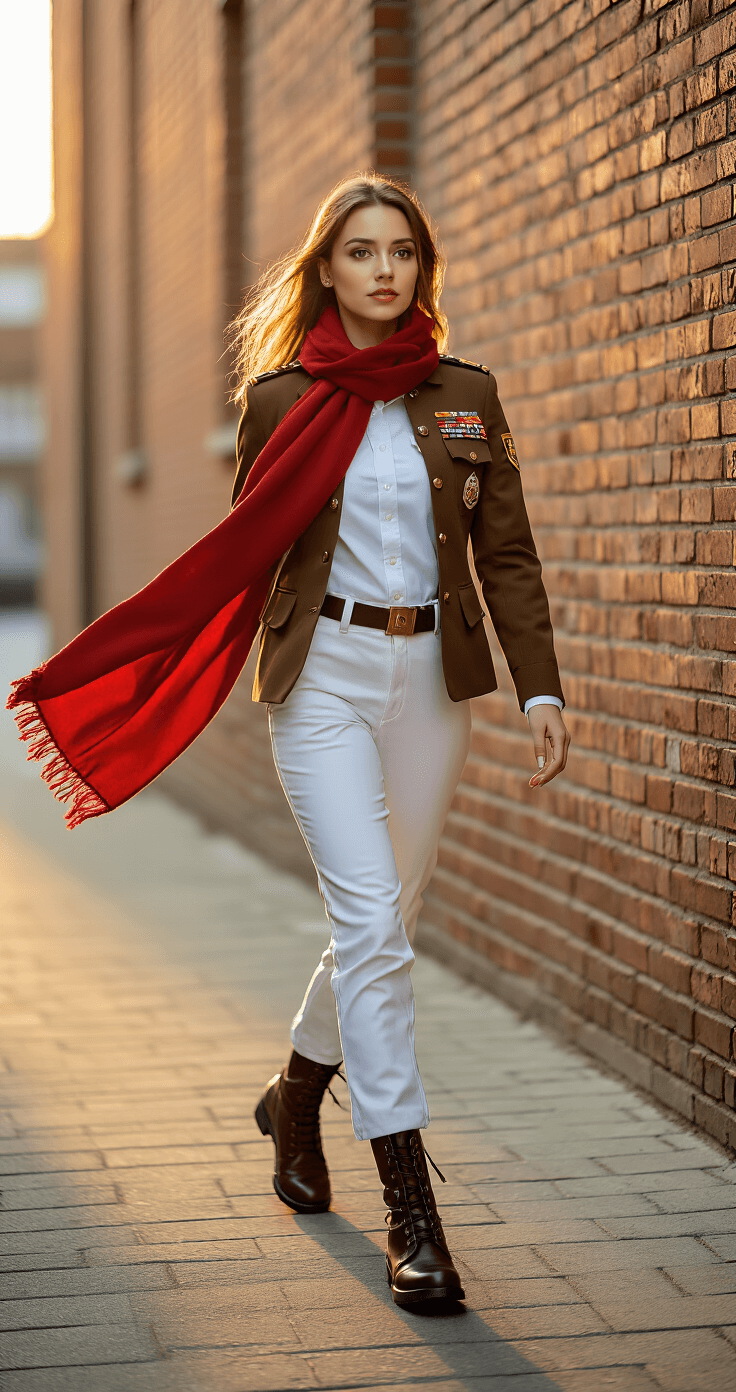 The Ultimate Mikasa Ackerman Cosplay A confident woman in a Survey Corps uniform walks along a brick wall during golden hour, her red scarf flowing in the breeze, showcasing her military attire with polished combat boots and a determined expression against warm amber lighting.