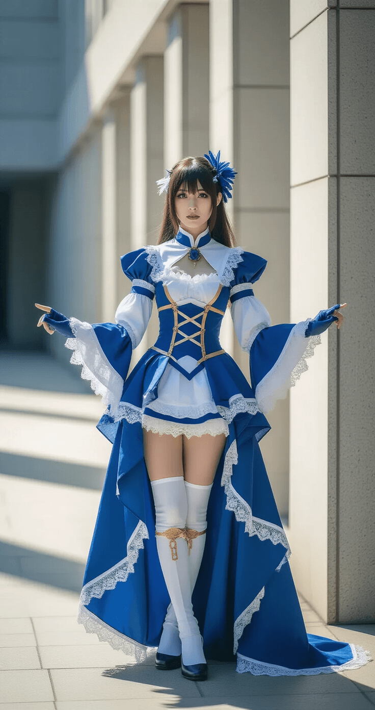 A model in an elaborate blue and white cosplay costume poses dramatically against minimalist urban architecture, illuminated by midday sunshine. Professional photography equipment and reflectors are present, highlighting intricate fabric details like lace trim, blending theatrical elements with contemporary aesthetics.