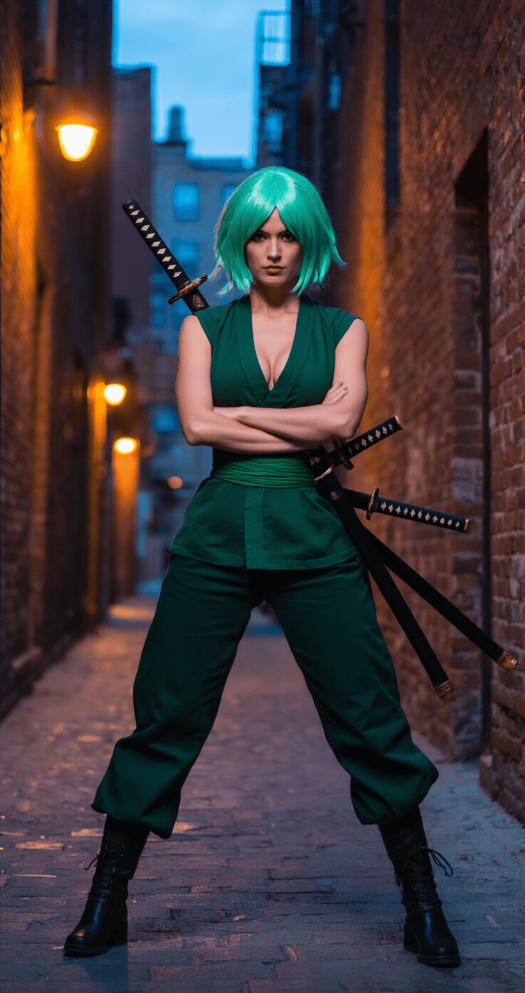 A confident woman dressed as Zoro stands in an urban setting during blue hour, wearing a forest green haramaki, dark pants, and black boots. Her mint-green wig mimics Zoro’s hairstyle, and three foam katana swords are positioned on her back. The backdrop features industrial brick walls and warm streetlamps, creating dramatic shadows. The scene has a moody atmosphere with cool blue skies and amber lights, captured from a low angle to highlight her commanding presence.