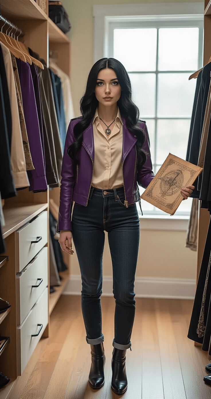 A young woman in a bright walk-in closet poses thoughtfully in her Robin cosplay, wearing a fitted purple leather jacket and cream silk blouse. Natural light illuminates her long black wig styled in waves, complemented by archaeological-themed jewelry and a prop map. The organized closet features hanging costumes and accessories, with rich purple, cream, and black hues.