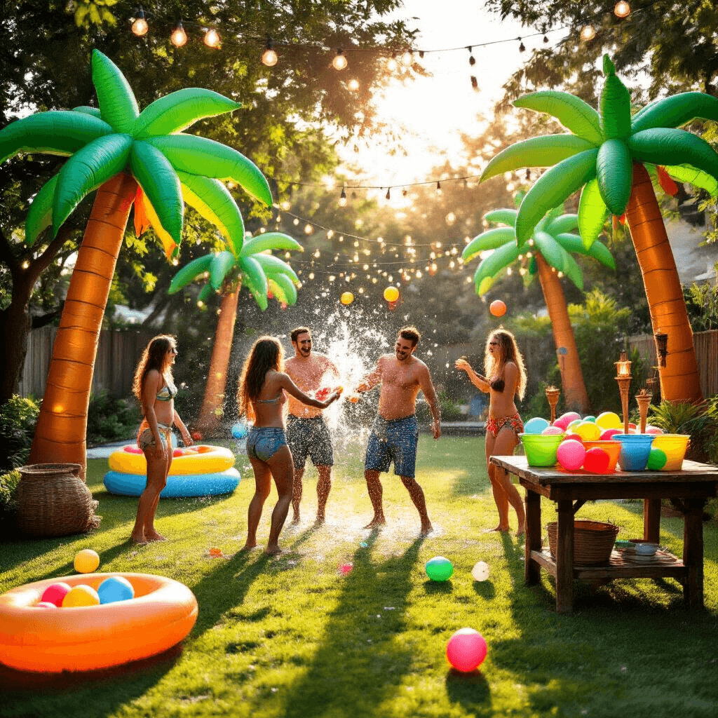 A vibrant backyard scene depicting a water balloon battle among friends, surrounded by inflatable palm trees and tiki torches, with a refill station of colorful water balloons and twinkling fairy lights overhead, all illuminated by the warm glow of the golden hour sun.