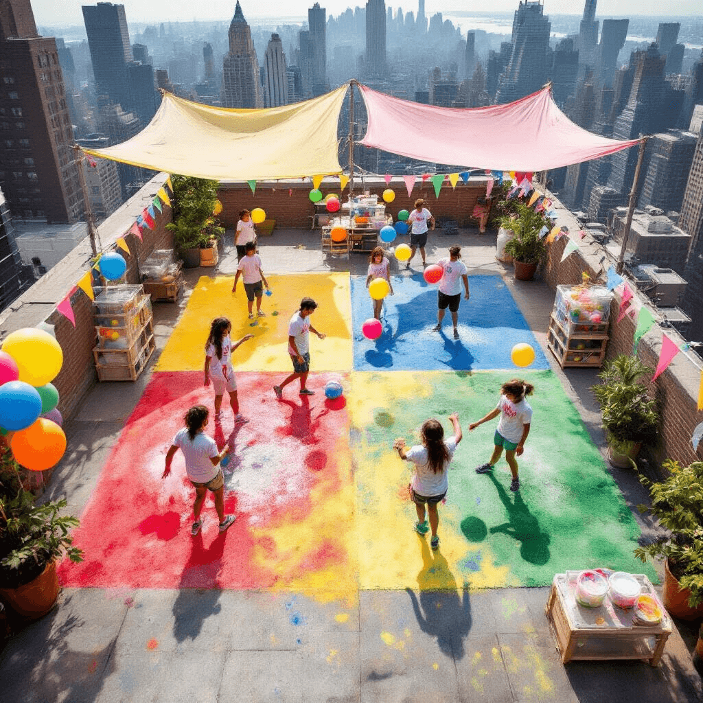 Overhead view of a lively rooftop Color War Challenge with vibrant chalk zones in red, blue, yellow, and green; participants in splattered white t-shirts dodge and throw paint-filled water balloons under soft light from canopies, with a DIY balloon filling station and city skyline in the background.