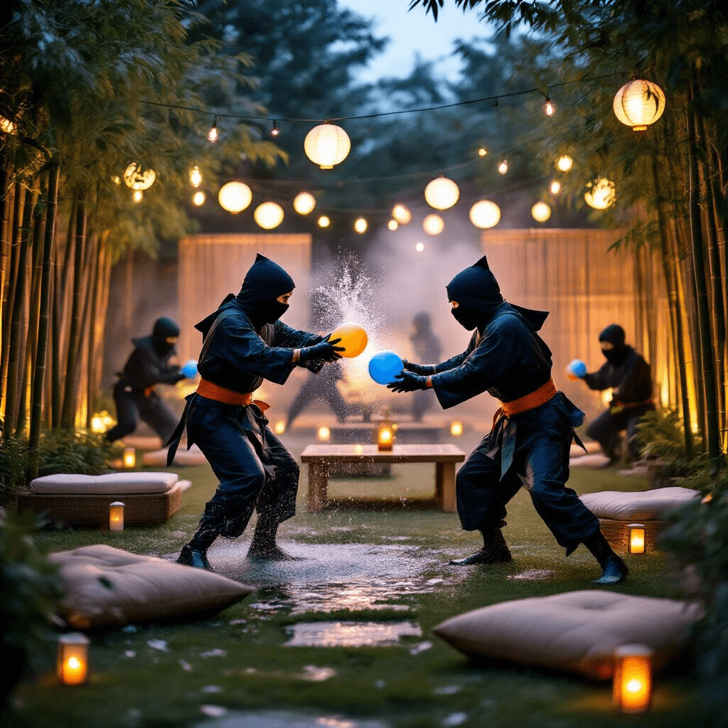 Close-up action shot of two participants in playful ninja costumes during a water balloon fight in a beautifully landscaped backyard at dusk, surrounded by a magical glow from fairy lights and lanterns, with water droplets suspended in the air, and other ninjas navigating an obstacle course in the background amidst fog and candlelight.