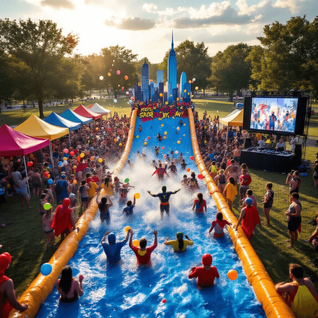 A vibrant community park scene featuring a superhero-themed water balloon battle, with participants in colorful costumes engaged in play. A city skyline slip-n-slide is central, surrounded by flying water balloons against a warm sky. Primary-colored pop-up tents act as refill stations, while a comic book-style DJ booth energizes the atmosphere, and a photographer captures action shots showcased on a large LED screen.