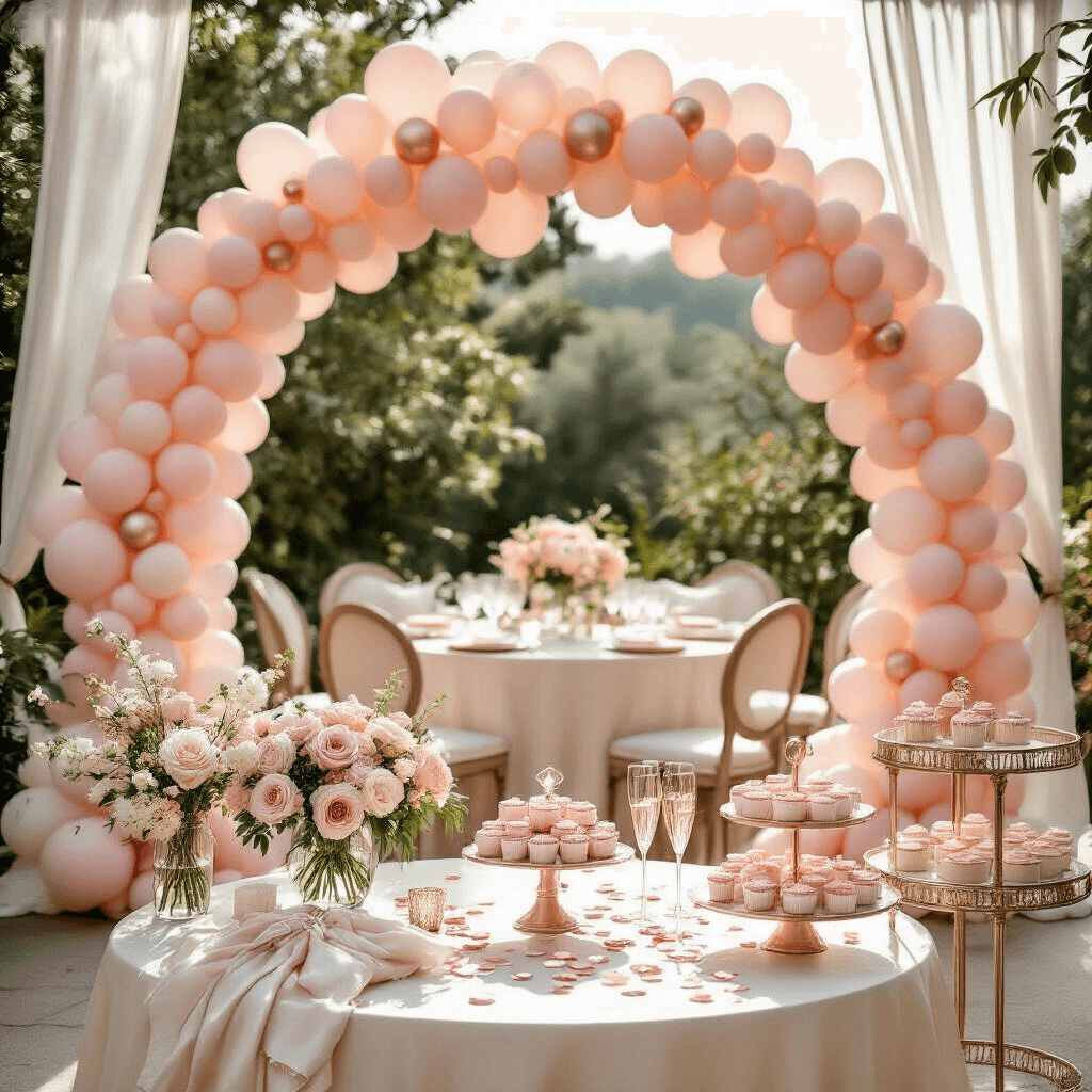 A sunlit garden terrace featuring a blush pink and rose gold balloon arch framing an intimate seating area with round tables in ivory silk linens, adorned with crystal vases of pastel roses, surrounded by rose gold confetti, and a vintage bar cart displaying champagne flutes and tiered cupcakes. Bridal Shower Balloon