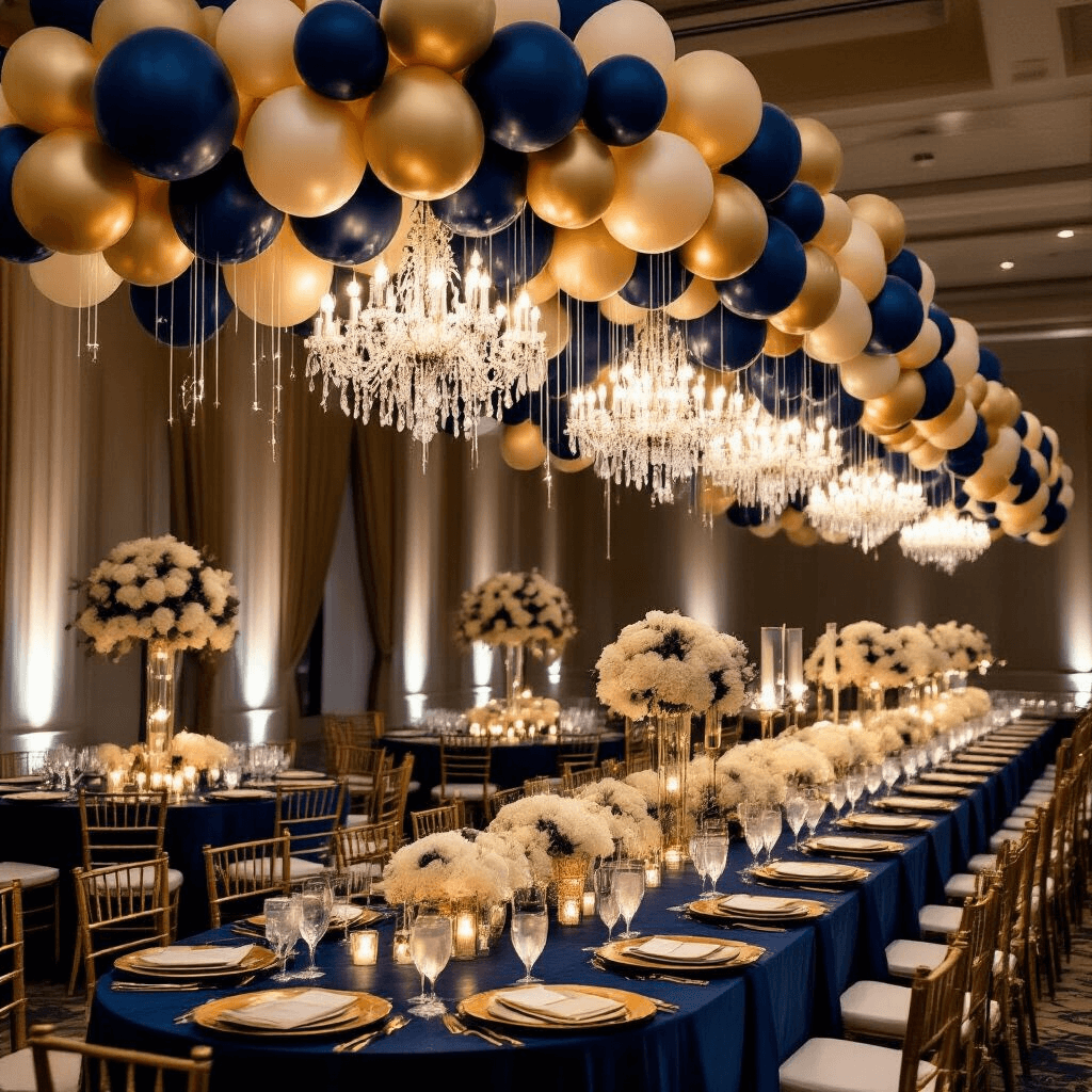 An elegant ballroom features a stunning navy and champagne balloon installation with a cascading garland from the ceiling, surrounded by banquet tables adorned with navy velvet linens, gold charger plates, and crystal stemware, complemented by tall centerpieces of white flowers and geometric terrariums, all illuminated by soft uplighting and chandeliers.